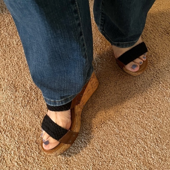 CROWN VINTAGE DOUBLE TROUBLE WEDGE SANDAL SHOES size 8.5 EUC wedges black brown - Picture 8 of 13